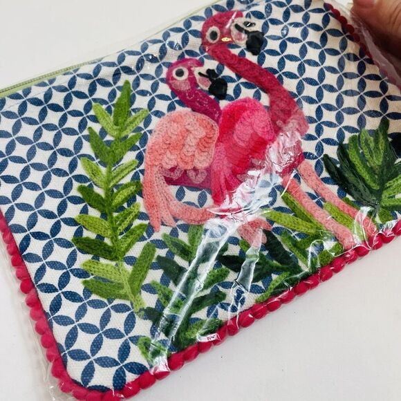 Karma Living Twin Flamingo Pouch Travel Bag New Make Up Pencil Cotton 6x8” - Picture 3 of 5